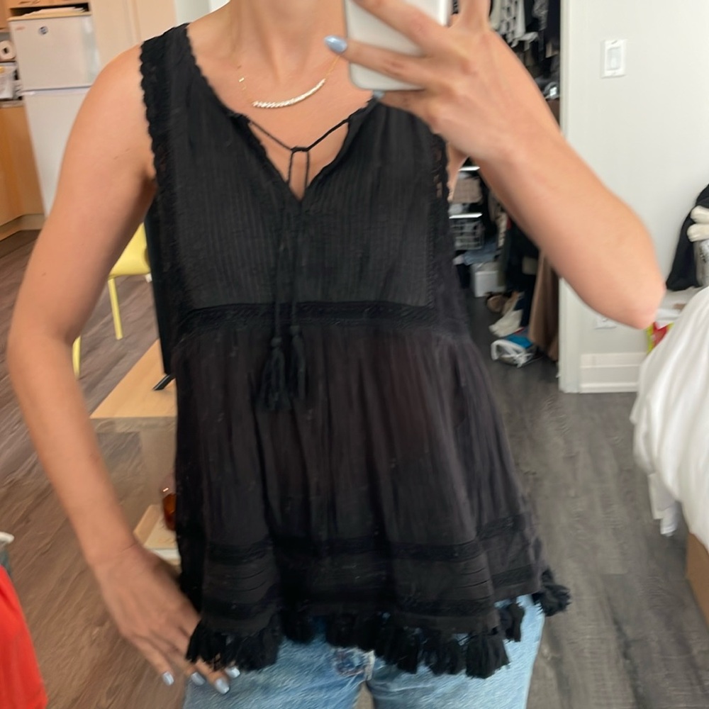 Black Joie Lacey Top with Pom Pom Detailing, Size S